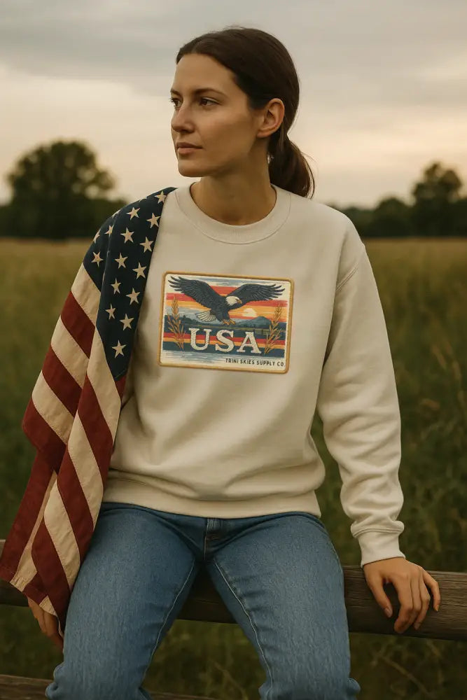 Woman in USA Eagle Graphic Sweatshirt with American Flag