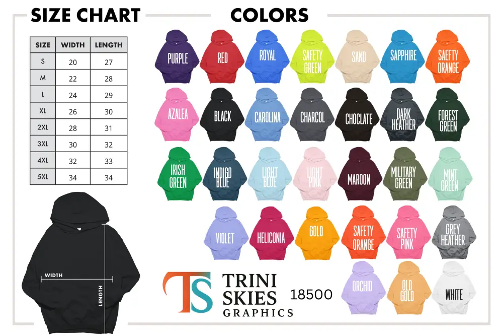 Size chart and color options for usa unisex hoodie with embroidered corduroy cozy go-to hoodie