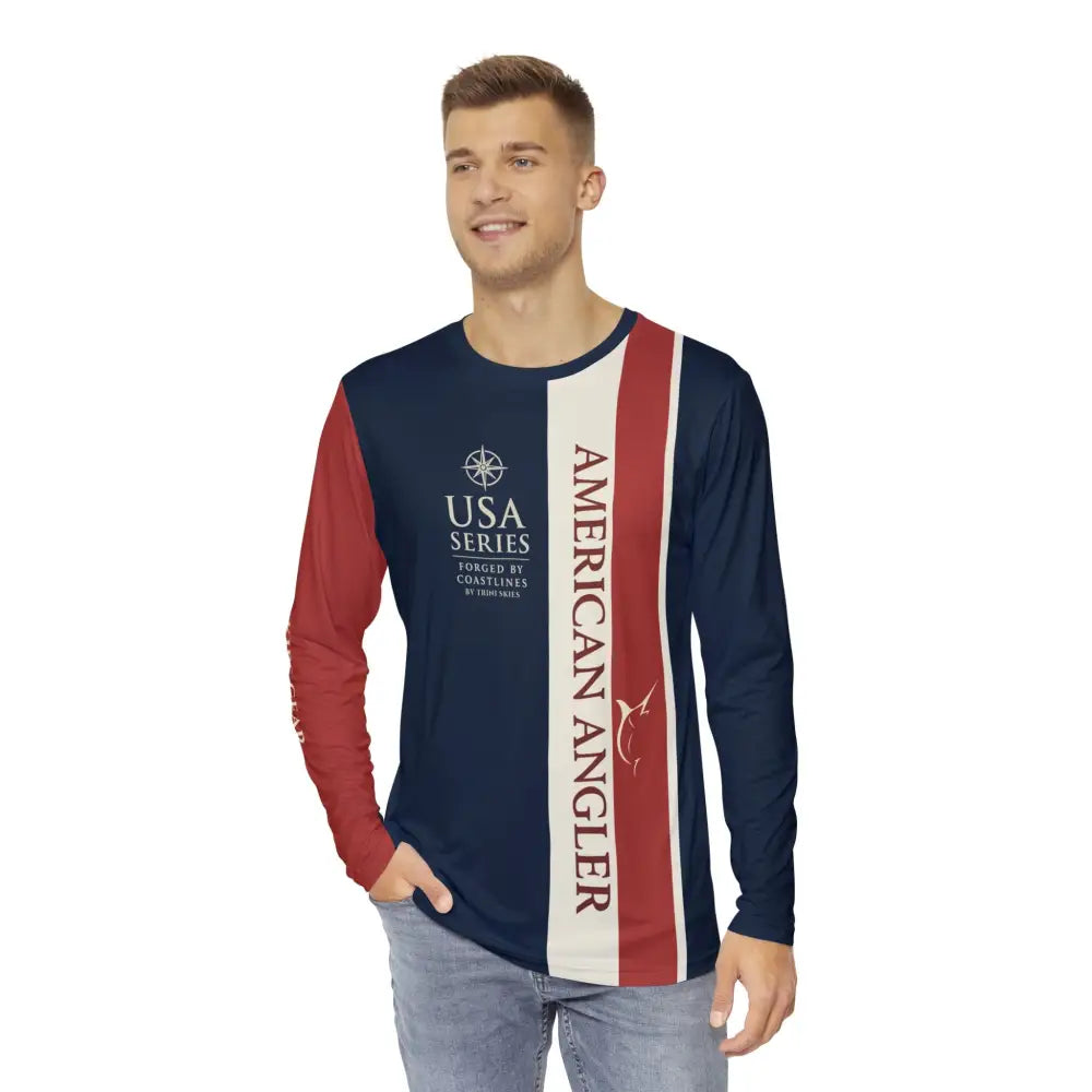 USA Series Angler Long Sleeve Fishing Shirt by Trini Skies in navy, red, off-white