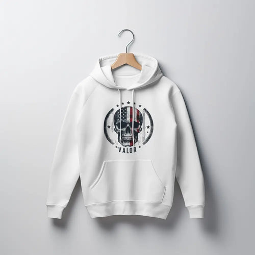 White Valor Skull Hoodie with American Flag Graphic