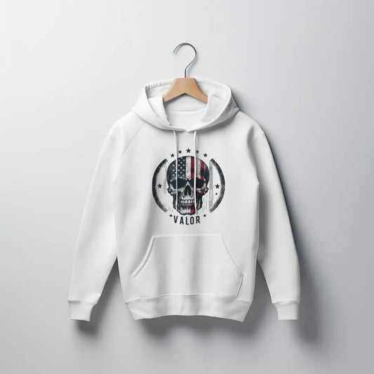 White pullover hoodie with striking skull graphic and American flag design, perfect for valor skull hoodie fans