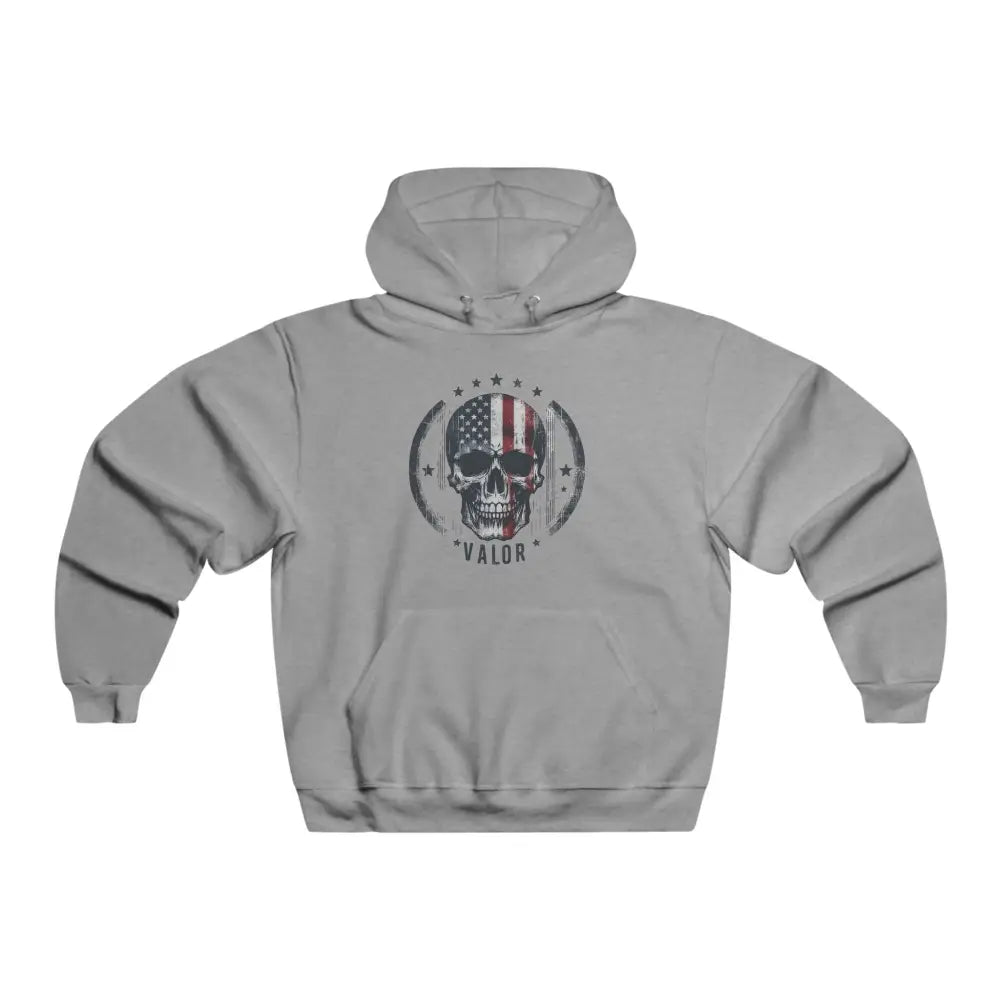 Grey valor skull hoodie with distressed American flag skull graphic and striking design