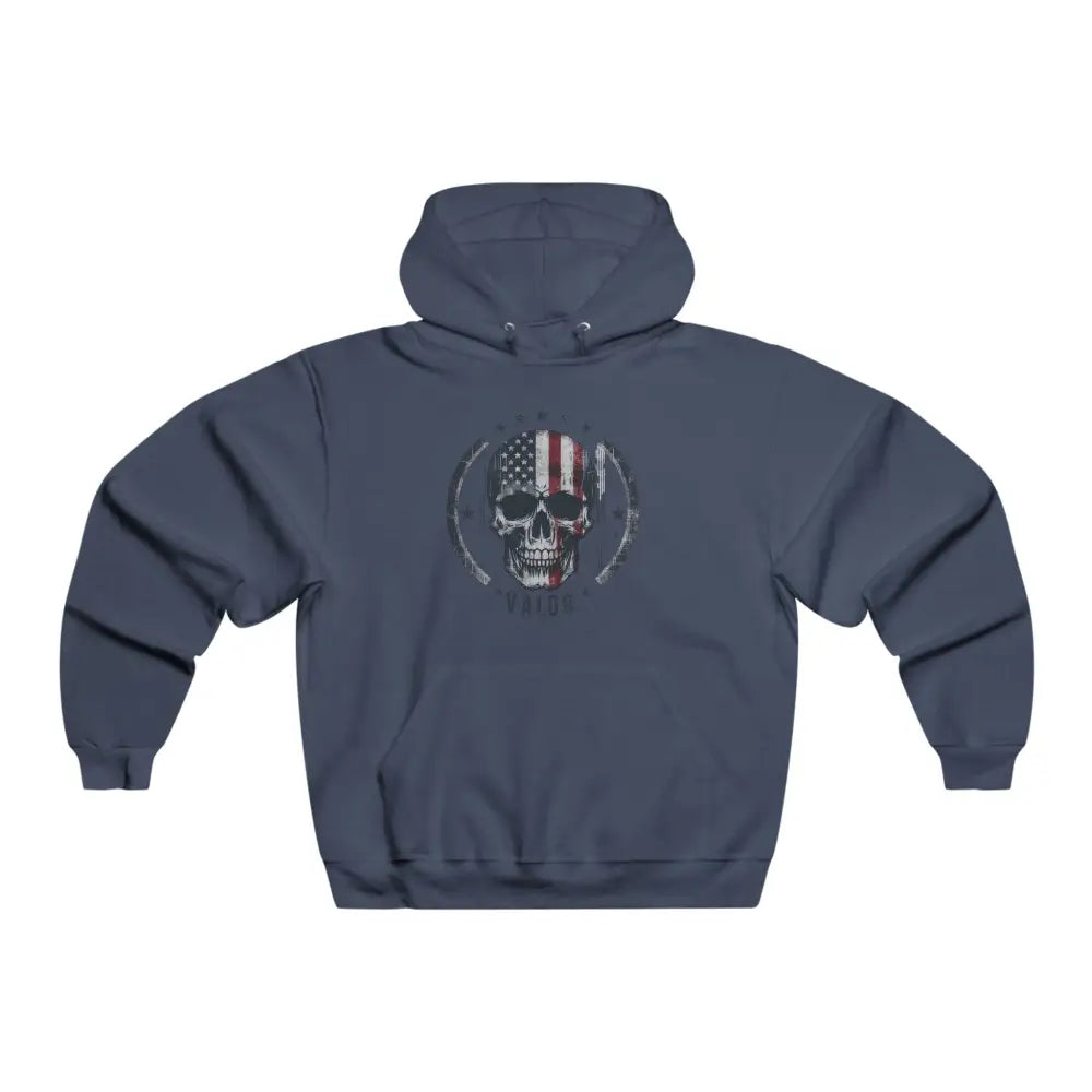 Dark blue valor skull hoodie with striking skull graphic and American flag design