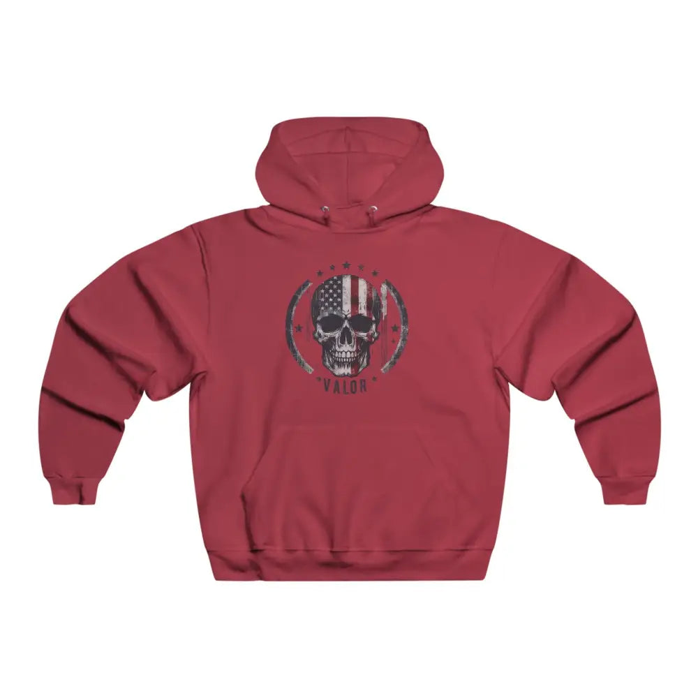 Maroon valor skull hoodie with distressed American flag skull graphic and striking skull graphic