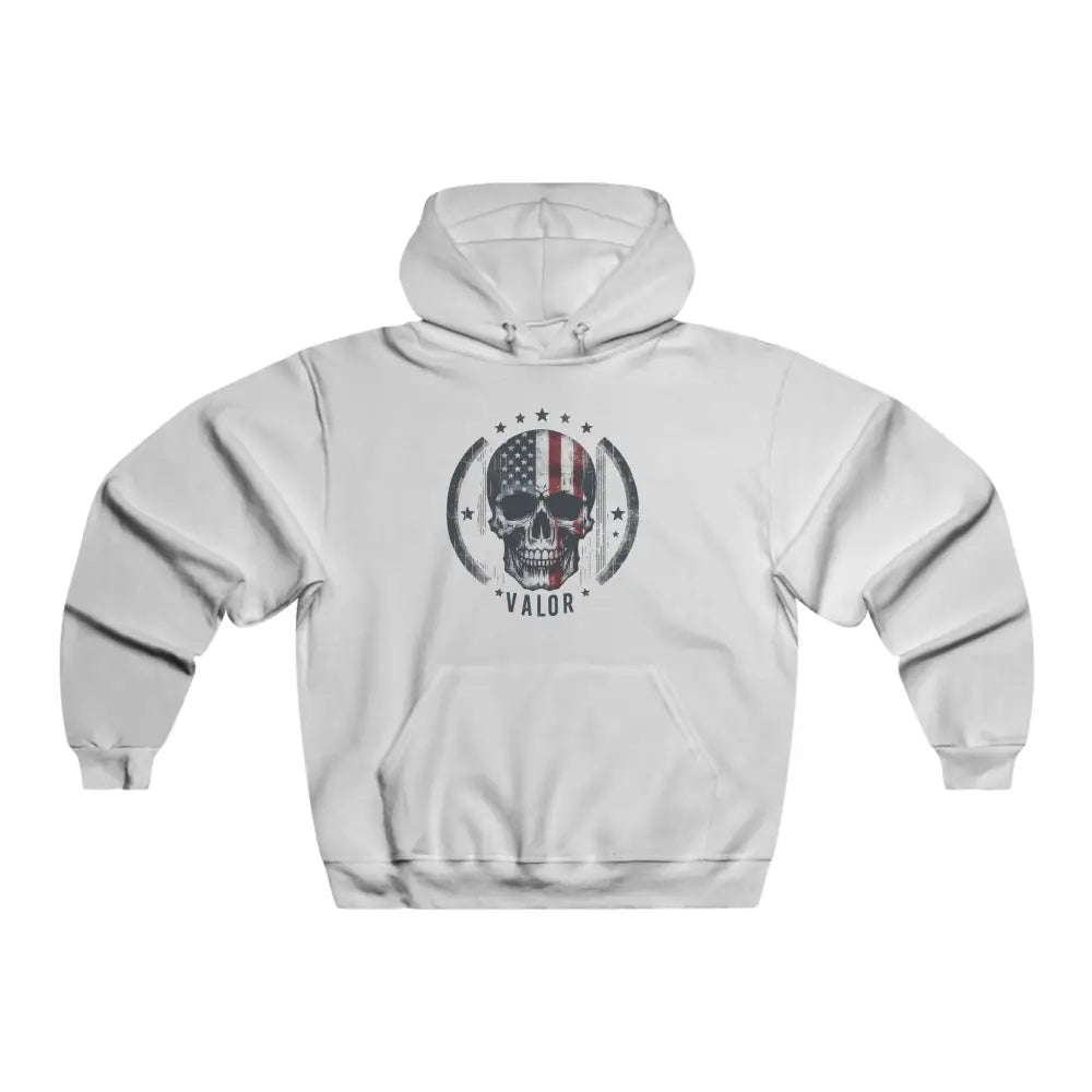 White hooded sweatshirt with American flag skull graphic, perfect for valor skull hoodie fans