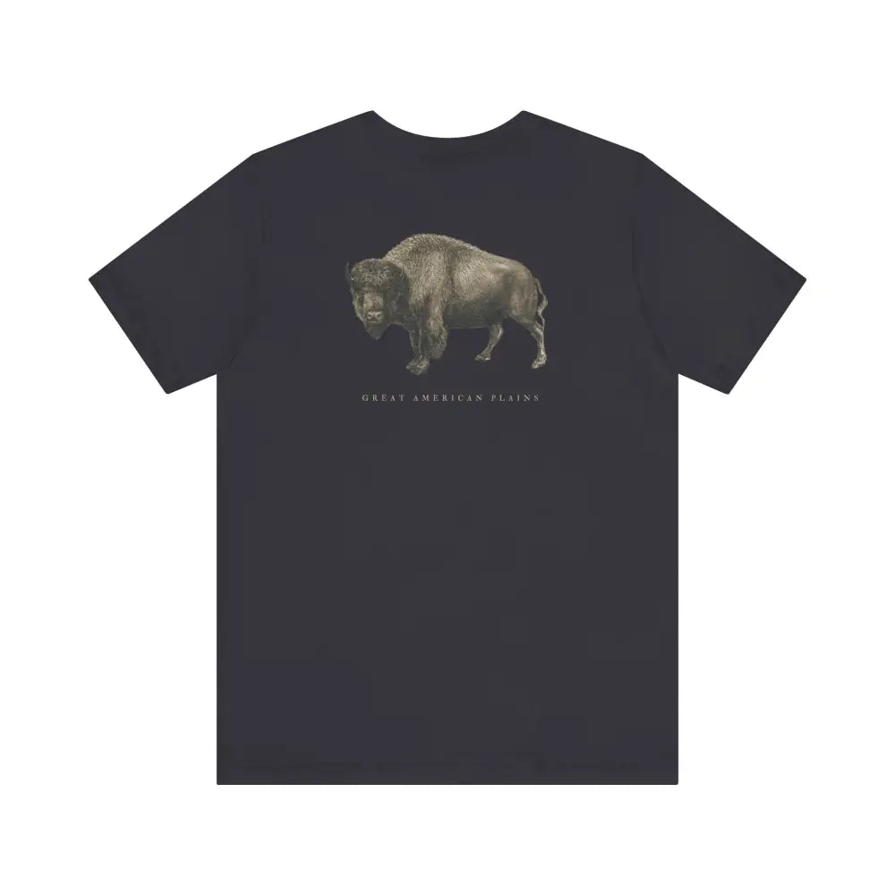Vintage bison graphic tee on dark gray shirt with Great American Plains text