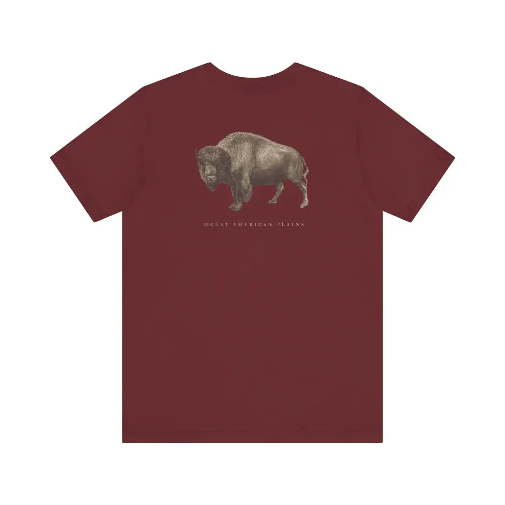 Vintage bison graphic tee with Great American Plains on maroon shirt
