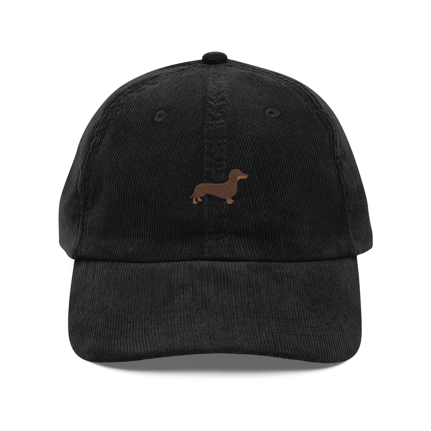 Black corduroy hat with brown wiener dog embroidery, adjustable strap