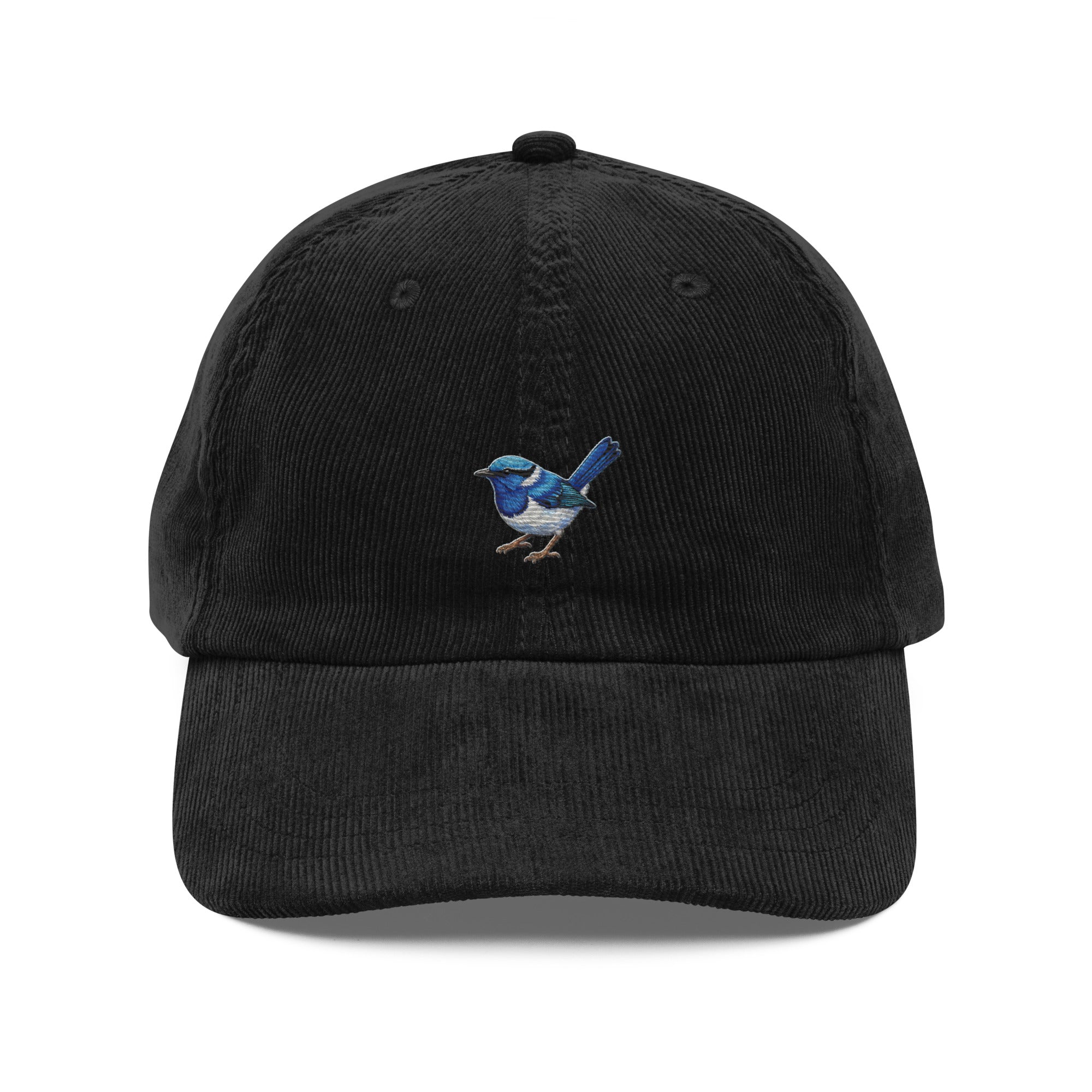 Black corduroy dad hat with blue wren embroidery