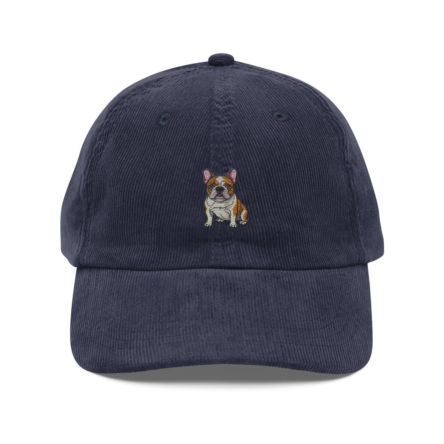 Navy blue embroidered French bulldog corduroy hat, dog lover gift