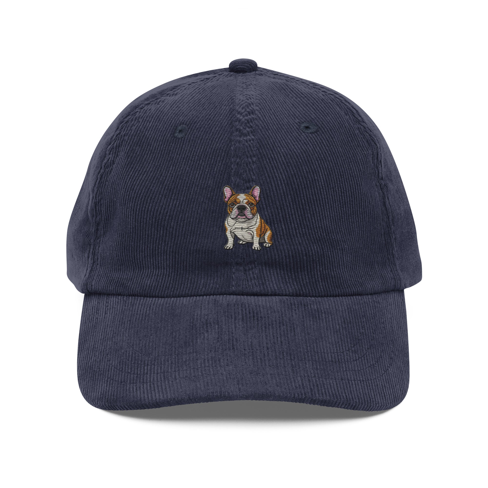 Navy blue embroidered French bulldog corduroy hat, dog lover gift