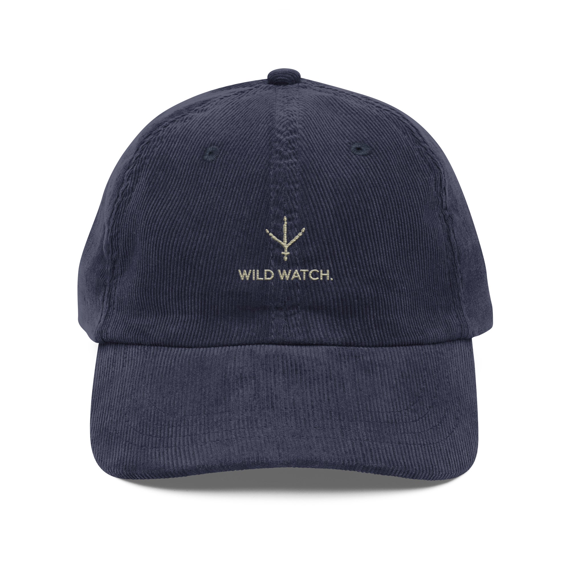 Bird embroidered corduroy navy blue baseball cap with Wild Watch logo