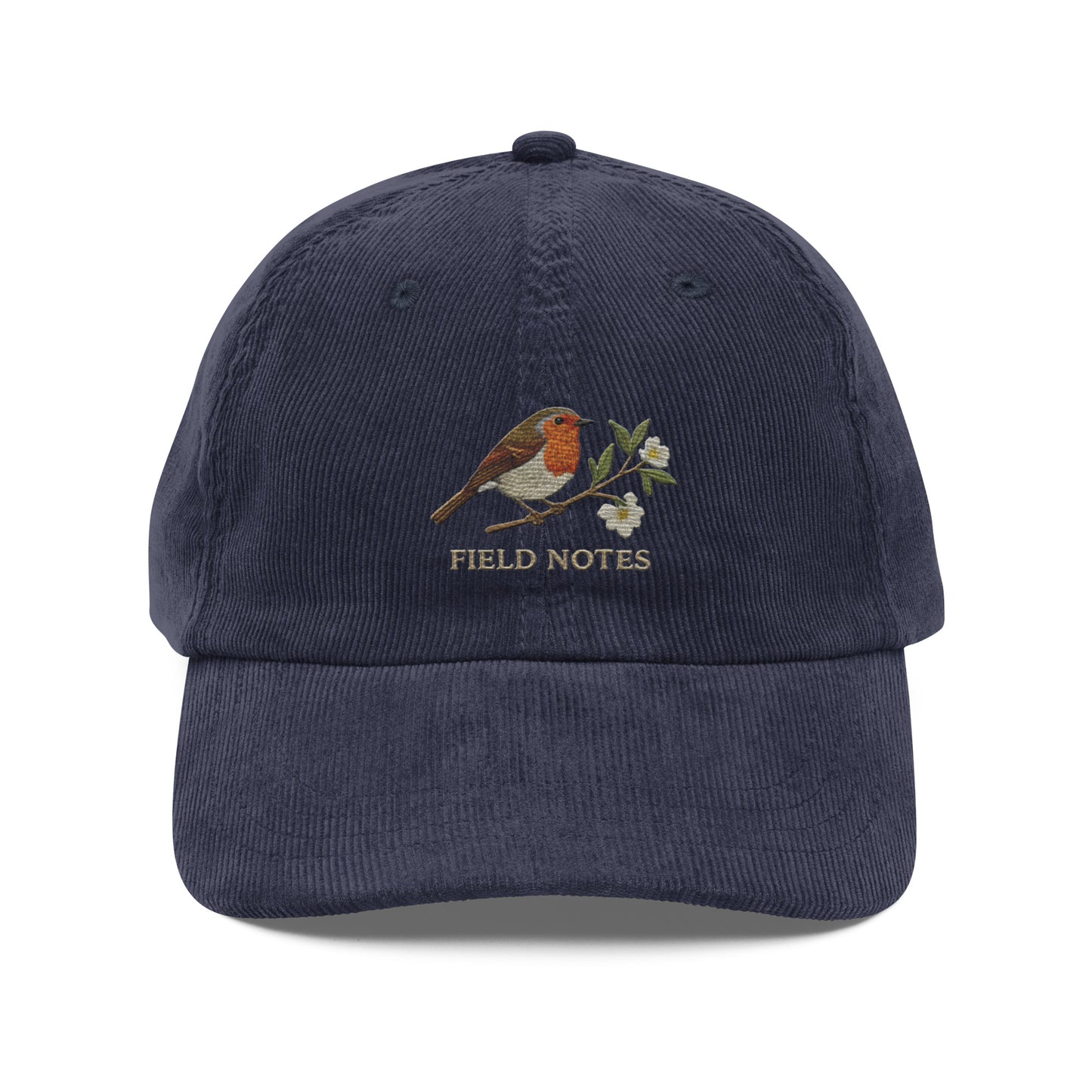 Navy blue corduroy baseball cap with embroidered bird lover design