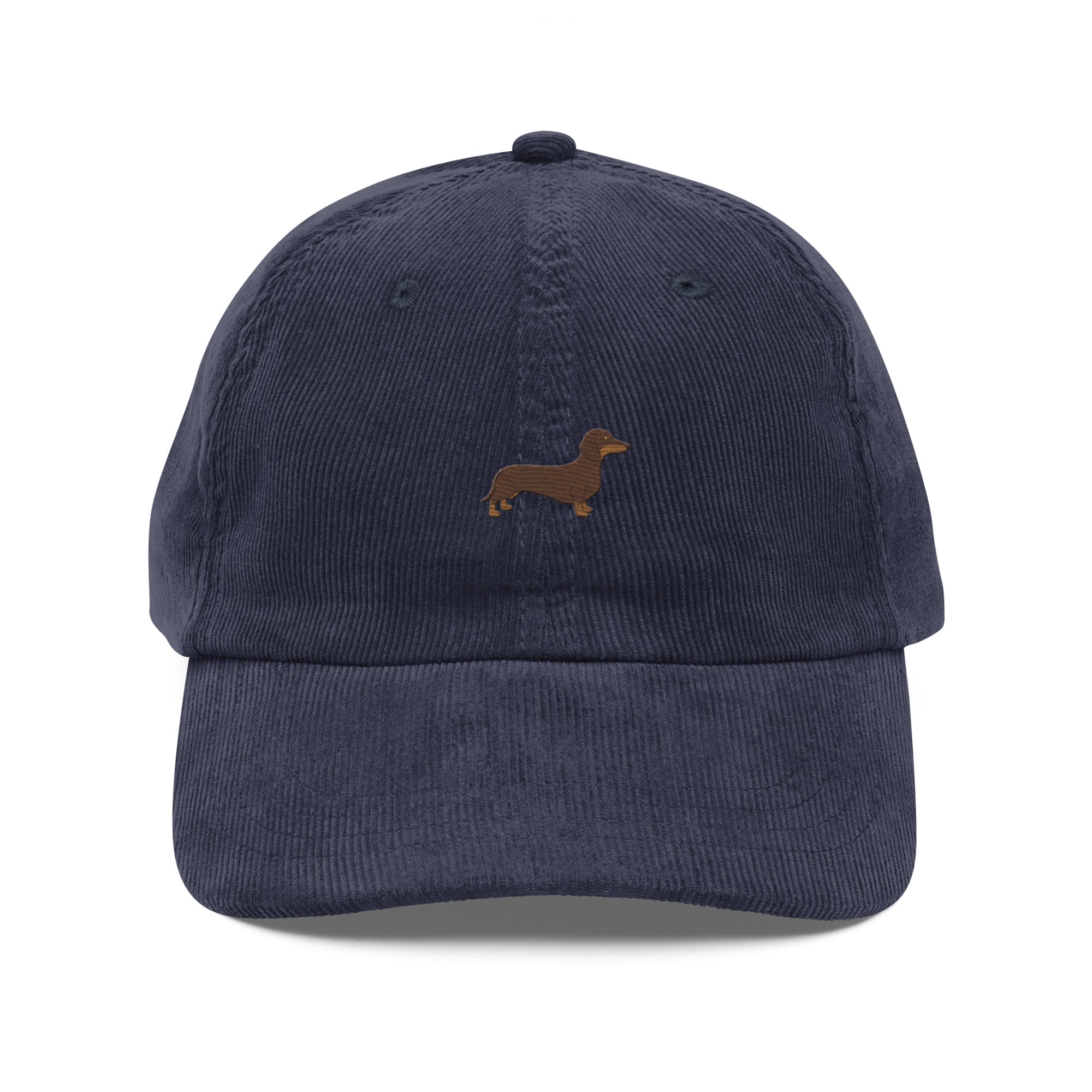 Navy blue corduroy hat with brown wiener dog embroidery