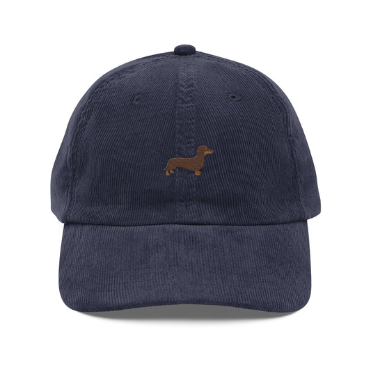 Navy blue corduroy hat with brown wiener dog embroidery