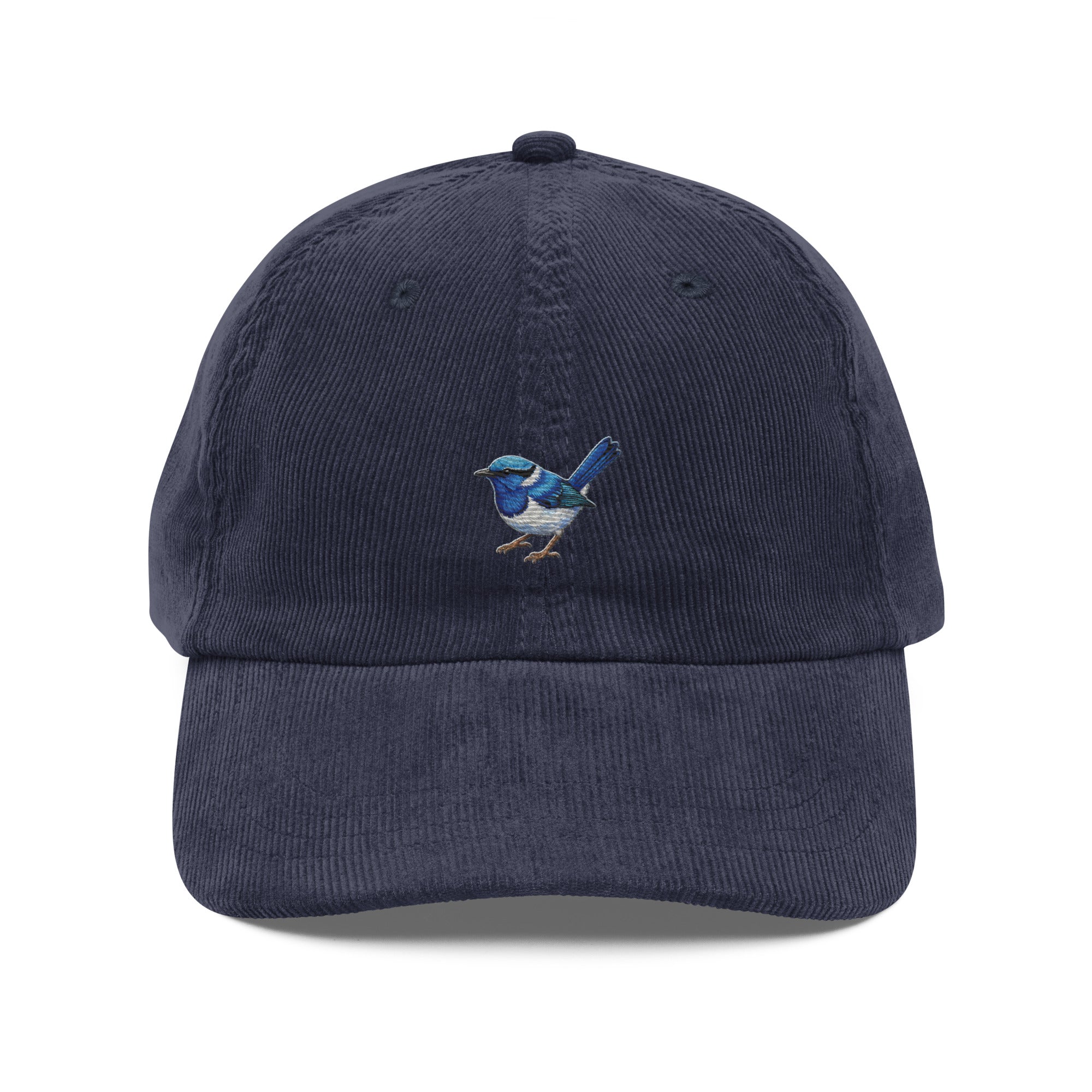 Navy blue corduroy dad hat with Fairywren bird embroidery