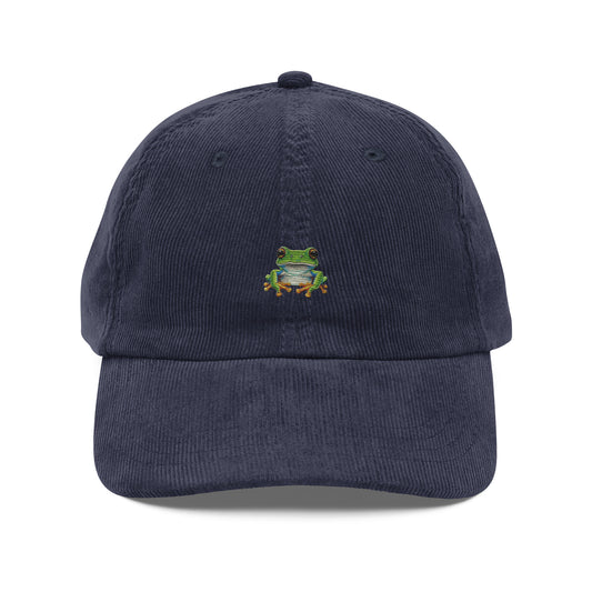 Navy tree frog embroidered corduroy dad hat