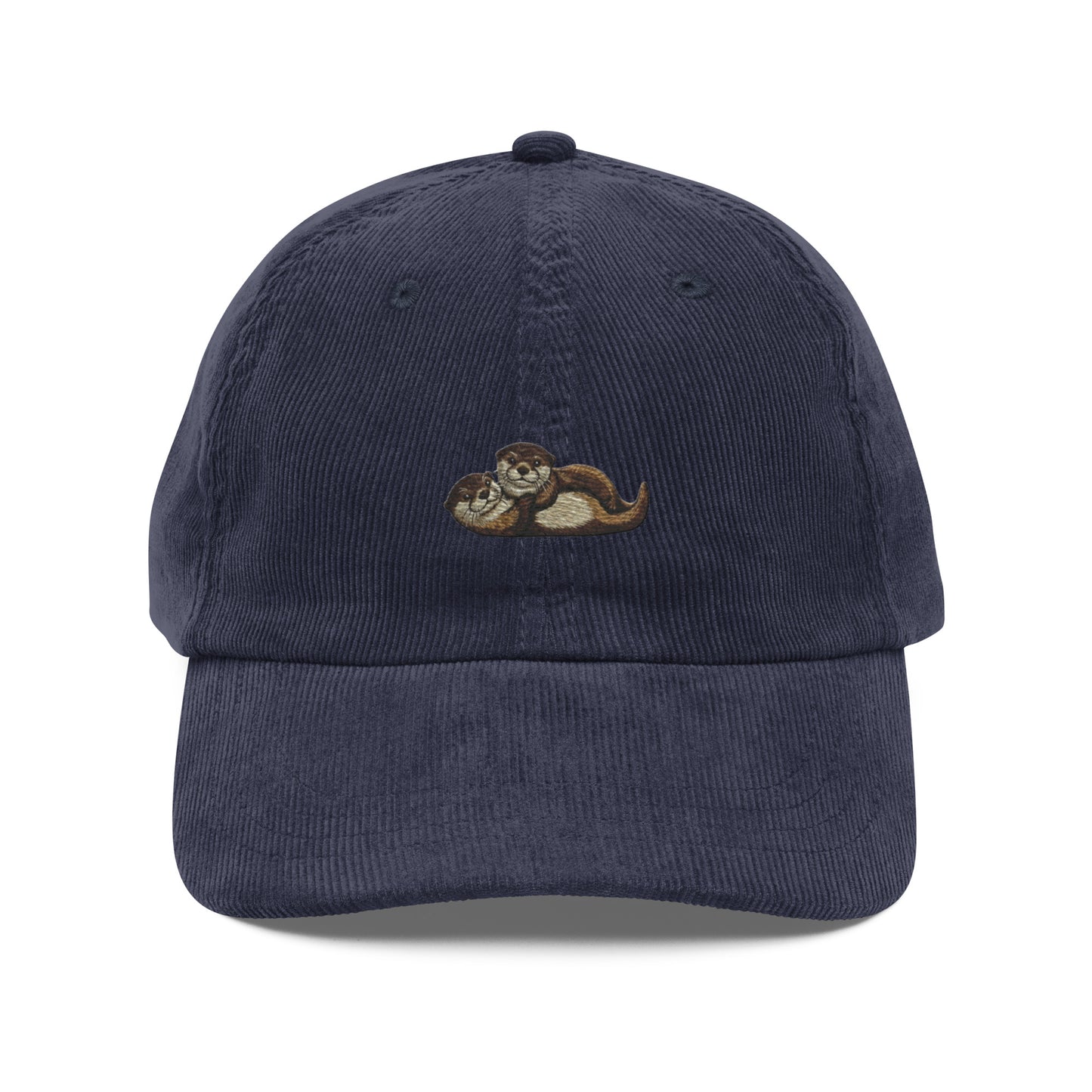 Navy blue embroidered wildlife corduroy cap with raccoon design