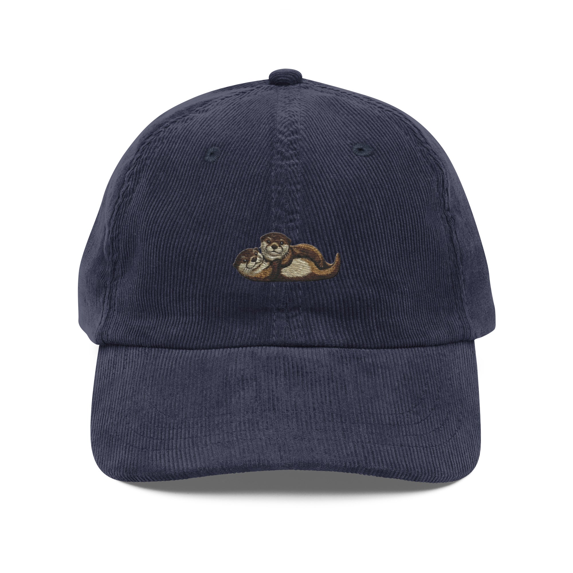 Navy blue embroidered wildlife corduroy cap with raccoon design