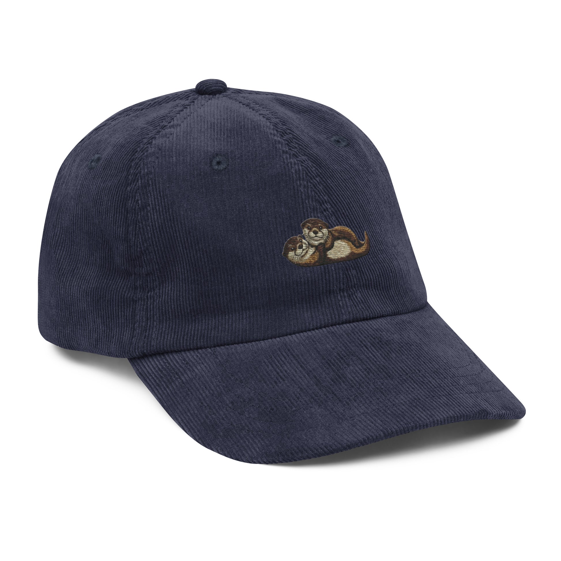 Navy blue embroidered wildlife corduroy cap with chipmunk design