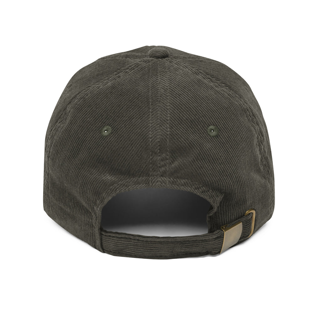 Olive green pug embroidered corduroy dad hat with adjustable strap