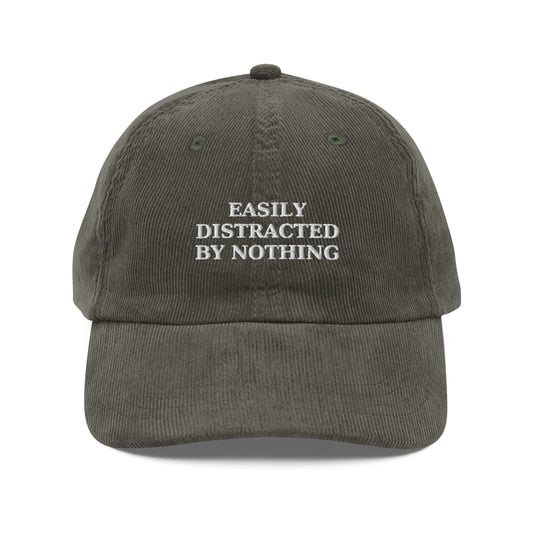 Easily Distracted by Nothing Embroidered Corduroy Hat - Olive - Hats 1