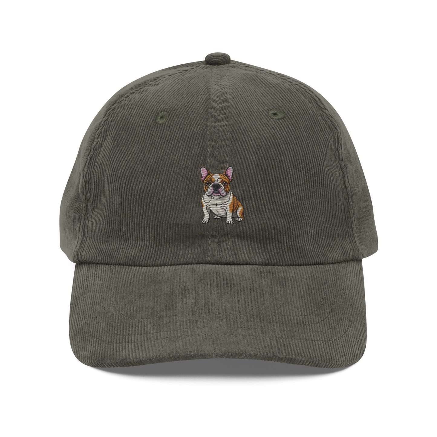 Olive green French bulldog corduroy hat with embroidered bulldog