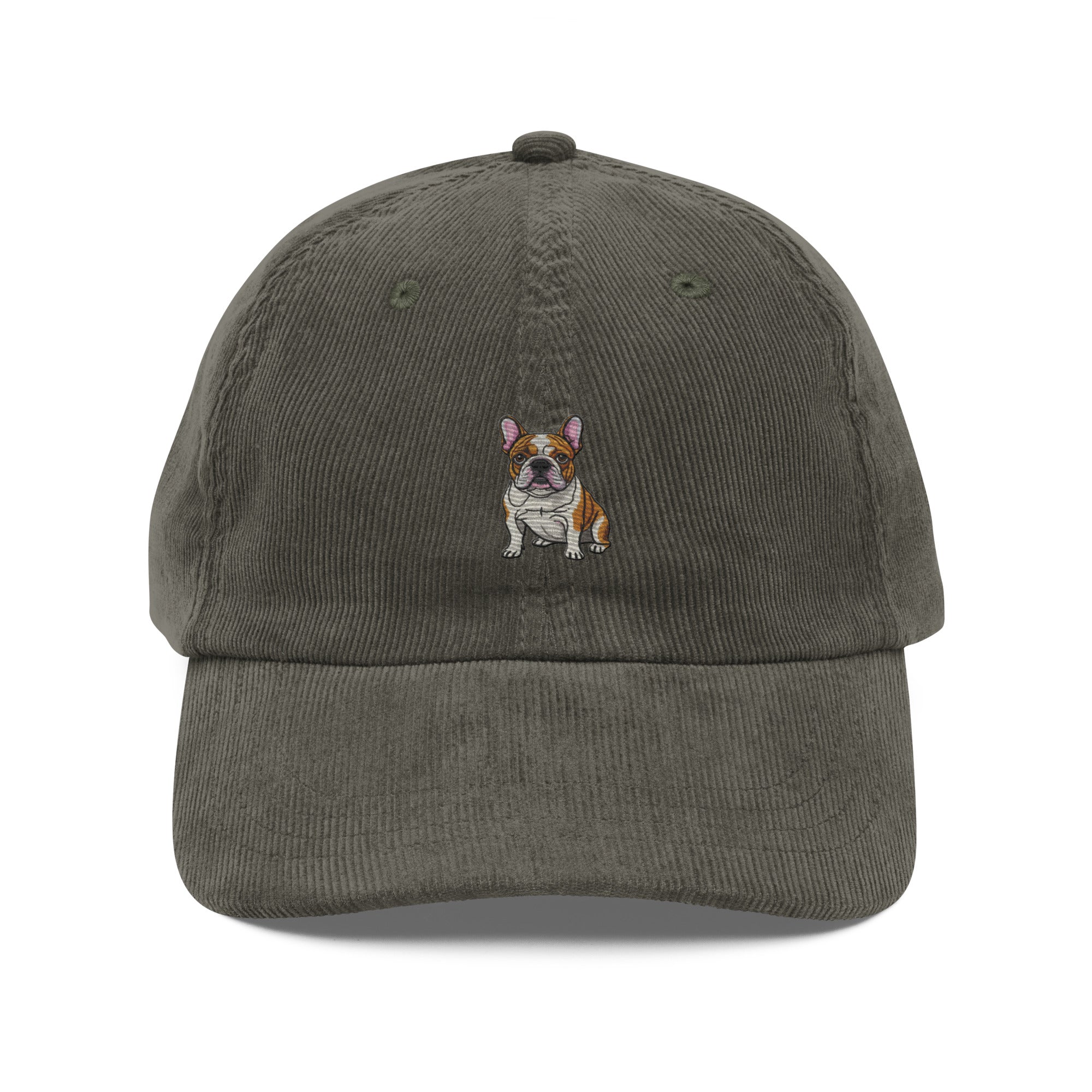 Olive green French bulldog corduroy hat with embroidered bulldog