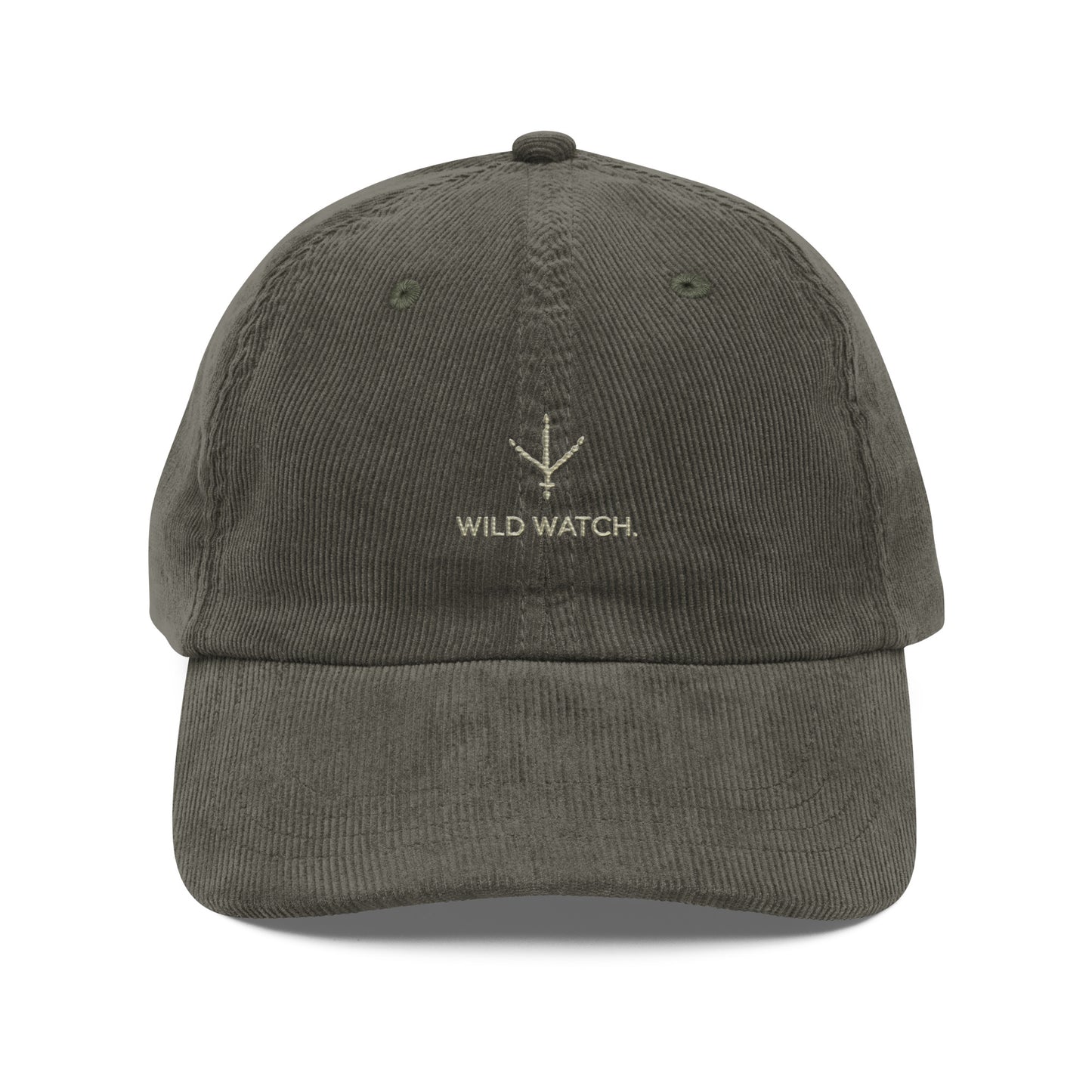 Olive green bird embroidered corduroy dad hat with Wild Watch logo