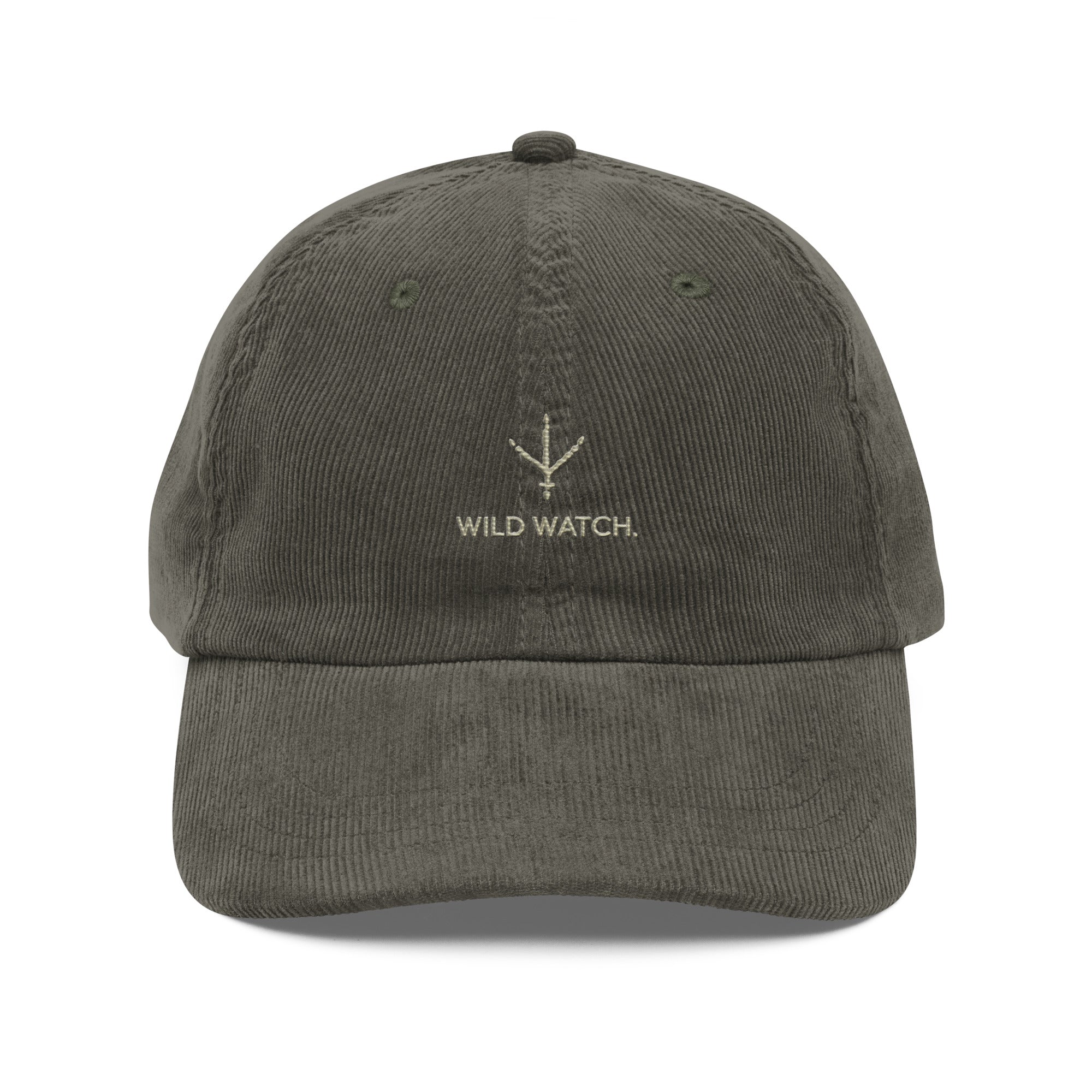 Olive green bird embroidered corduroy dad hat with Wild Watch logo