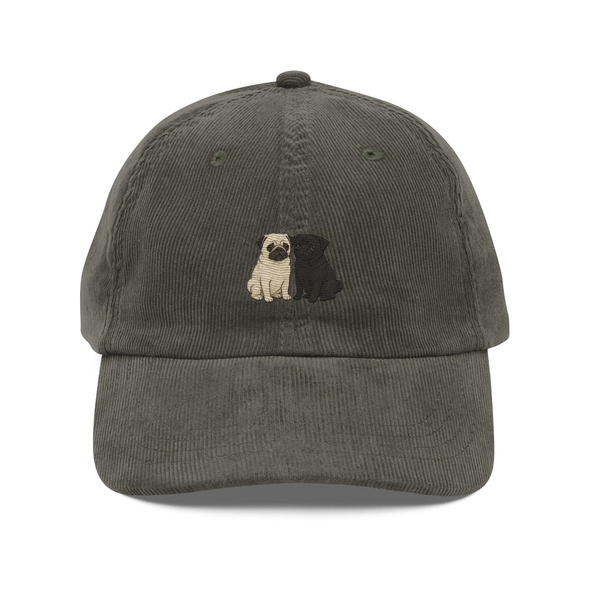 Olive green pug embroidered corduroy dad hat with adjustable strap