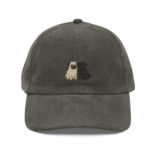 Olive green pug embroidered corduroy dad hat with adjustable strap