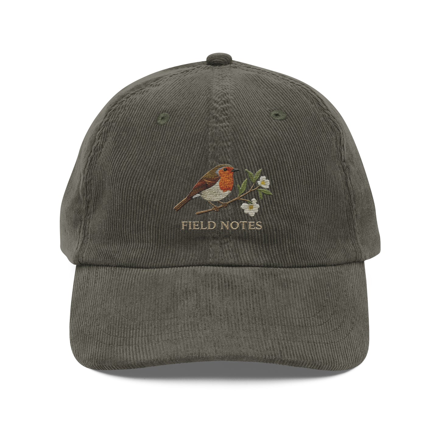 Olive green corduroy baseball cap for bird lovers with embroidered bird and flower design