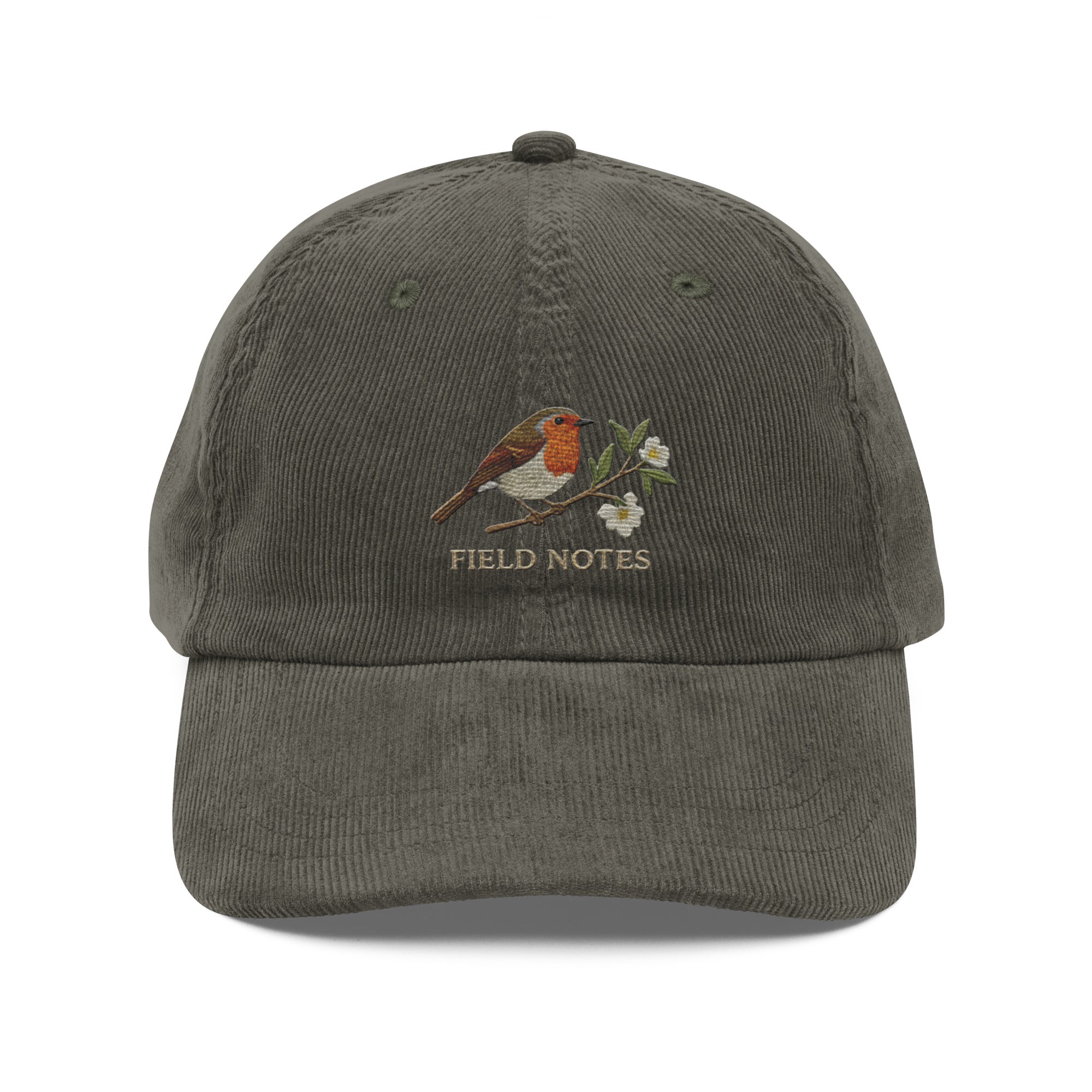 Olive green corduroy baseball cap for bird lovers with embroidered bird and flower design