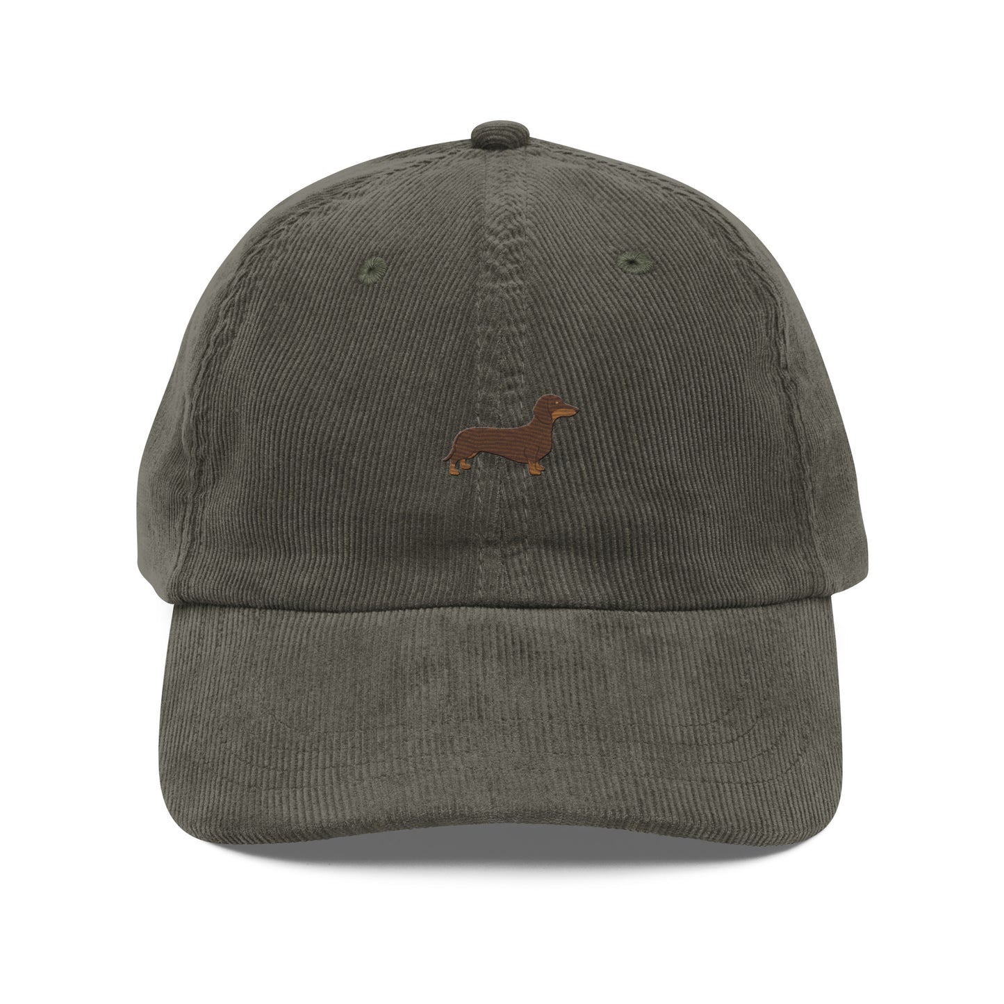 Olive green corduroy hat with brown wiener dog embroidery