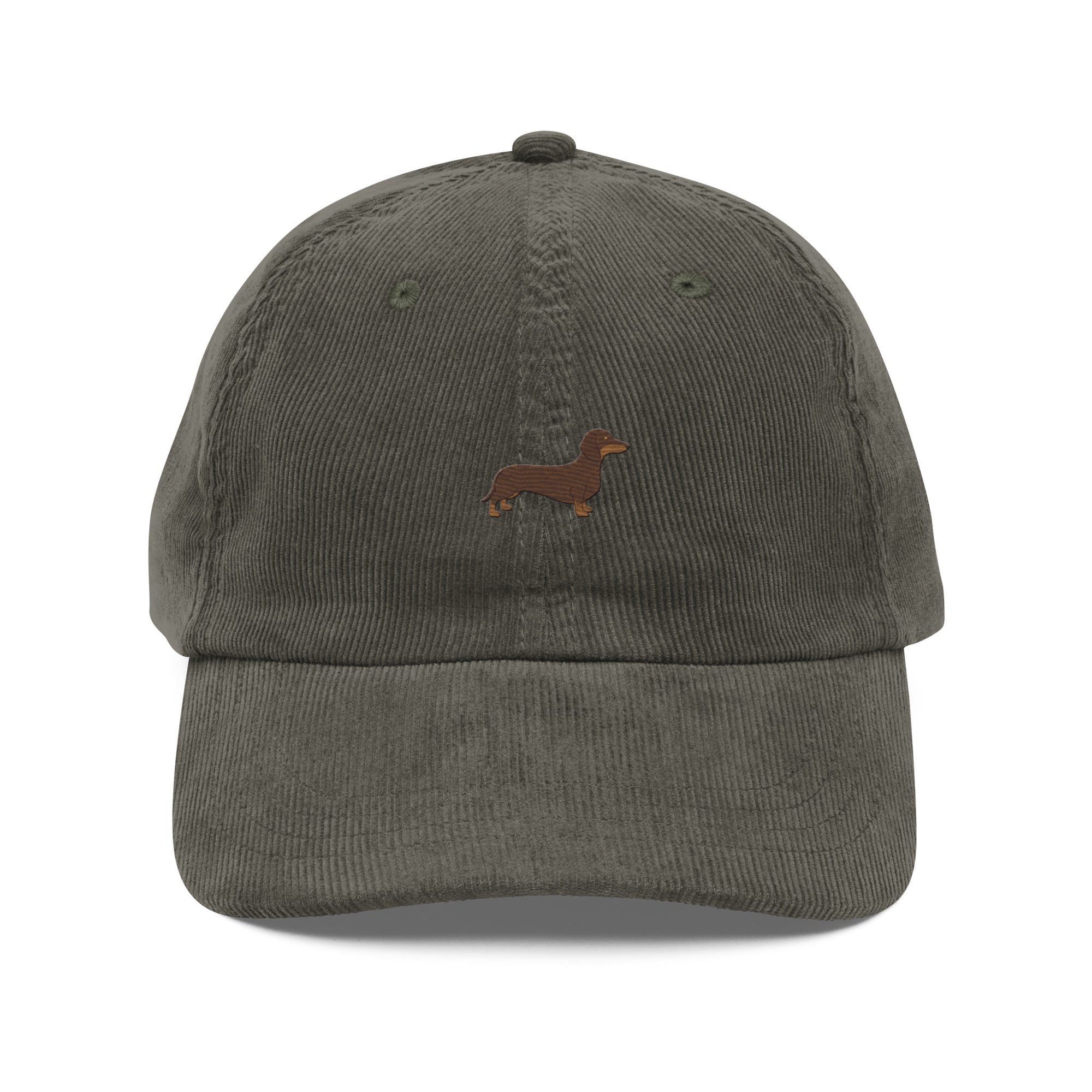 Olive green corduroy hat with brown wiener dog embroidery