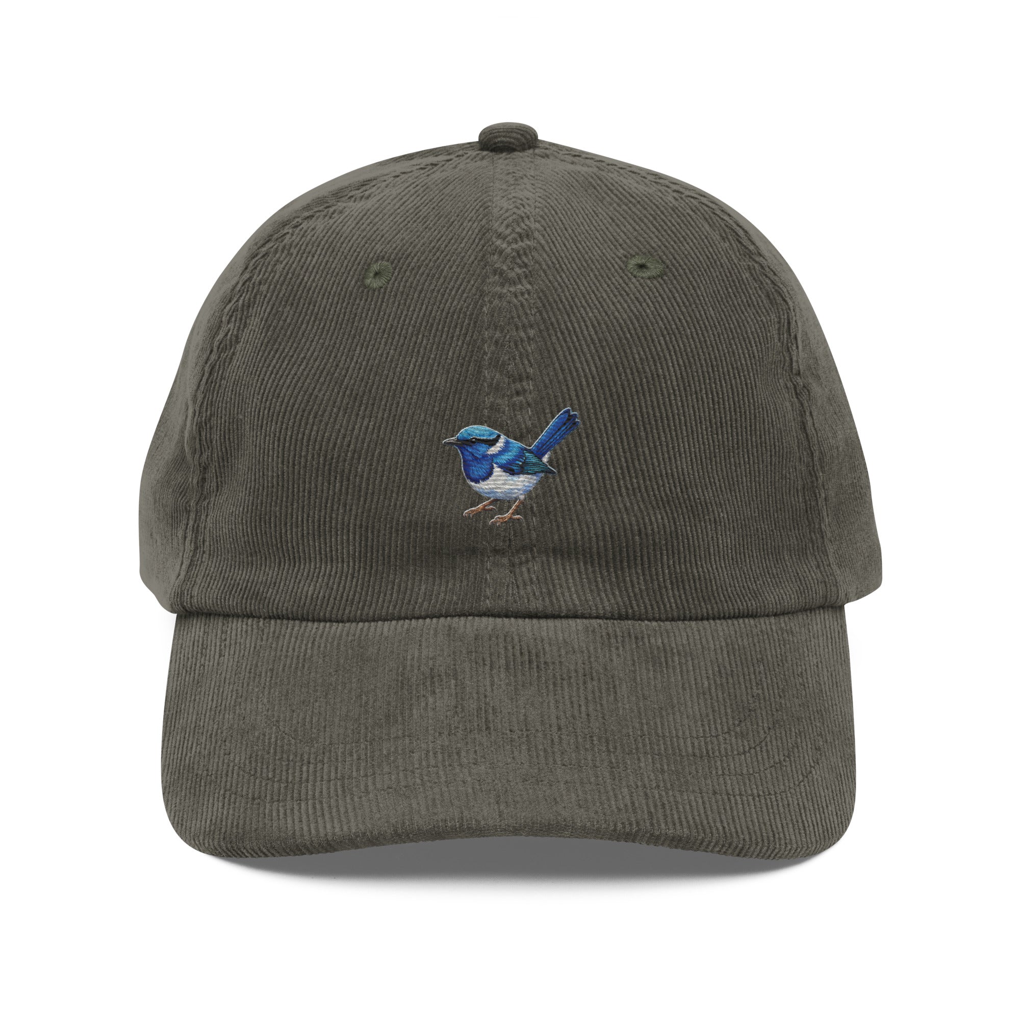 Olive green corduroy dad hat with blue wren embroidery