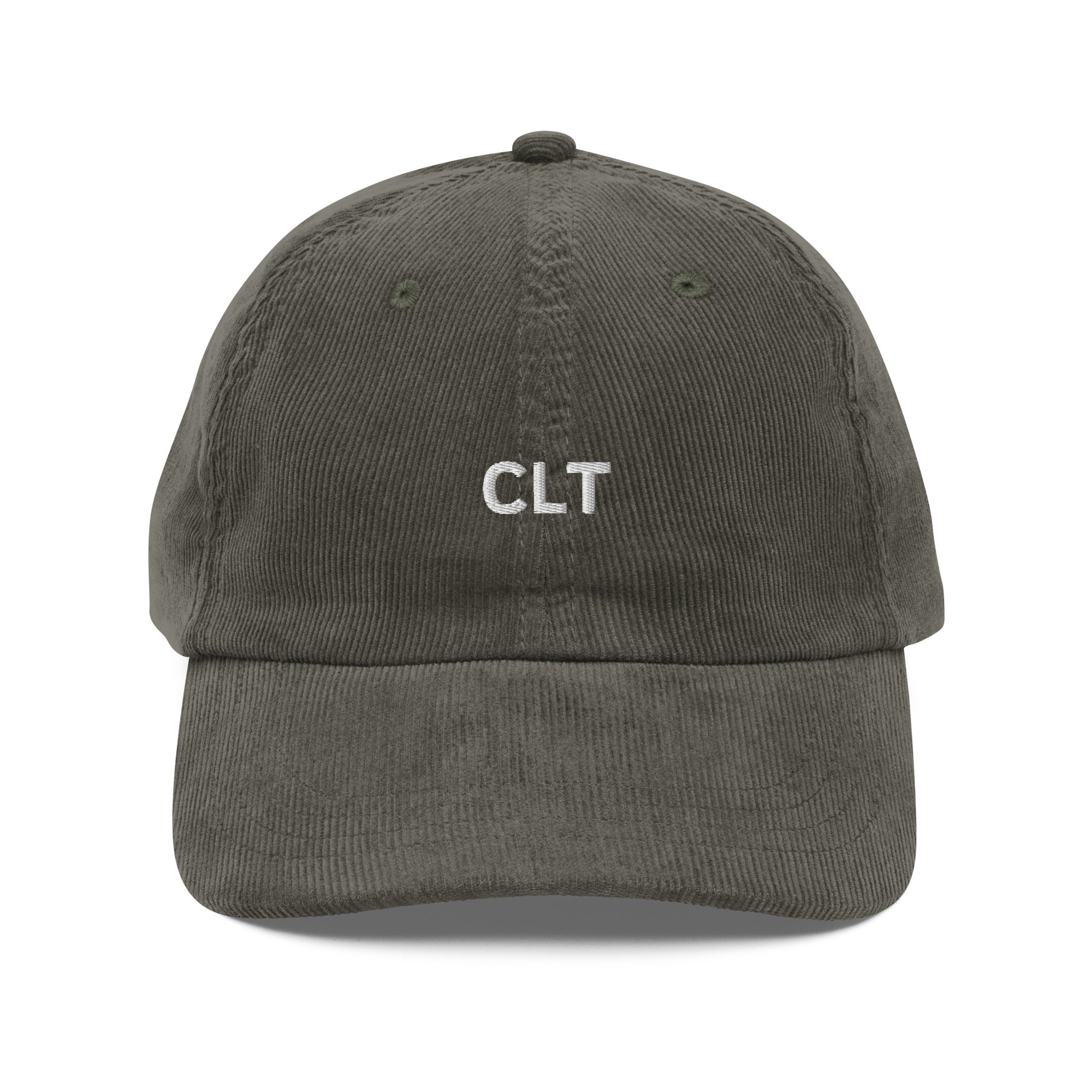 Olive green corduroy dad hat with Charlotte CLT airport code embroidery