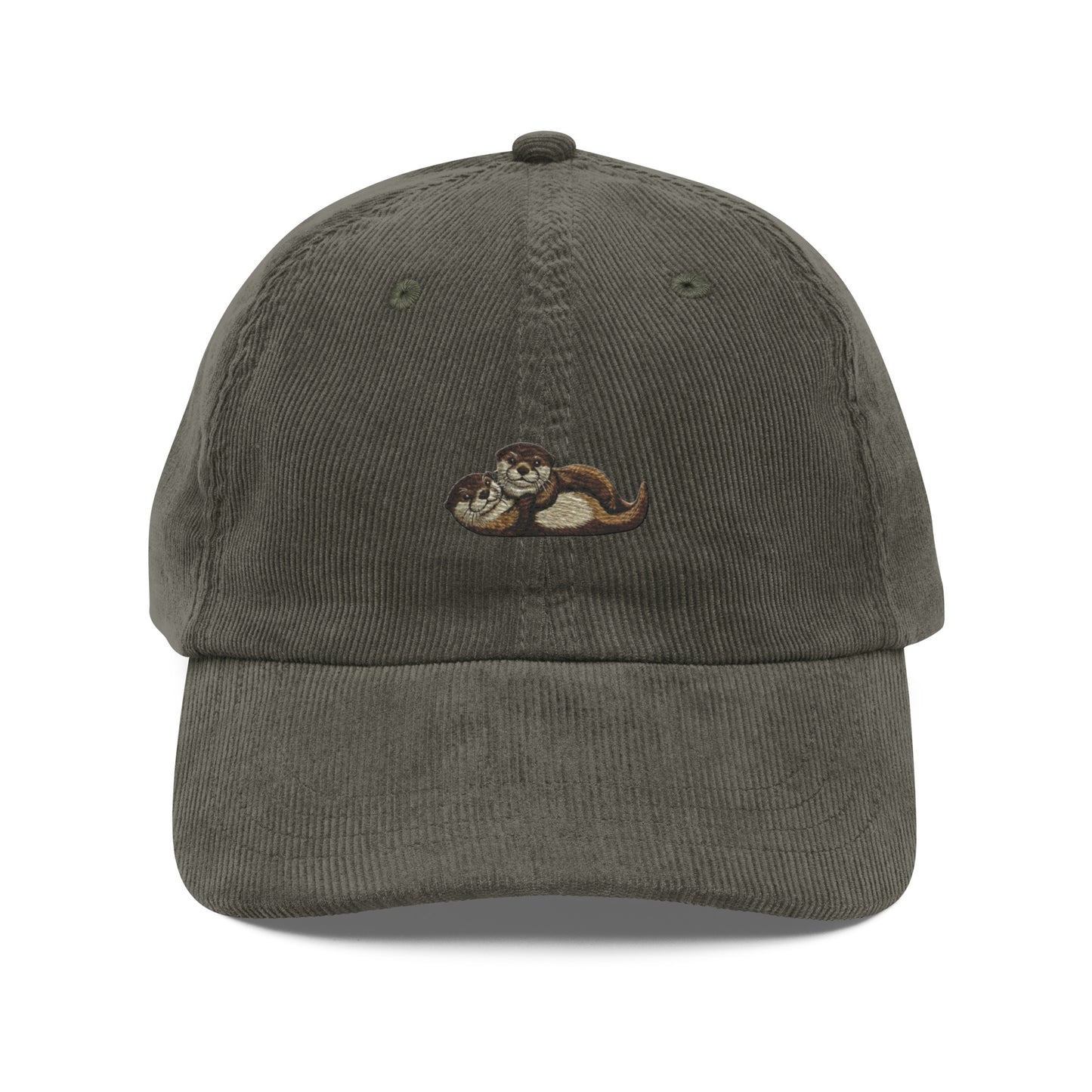 Olive green embroidered wildlife corduroy baseball cap with chipmunk