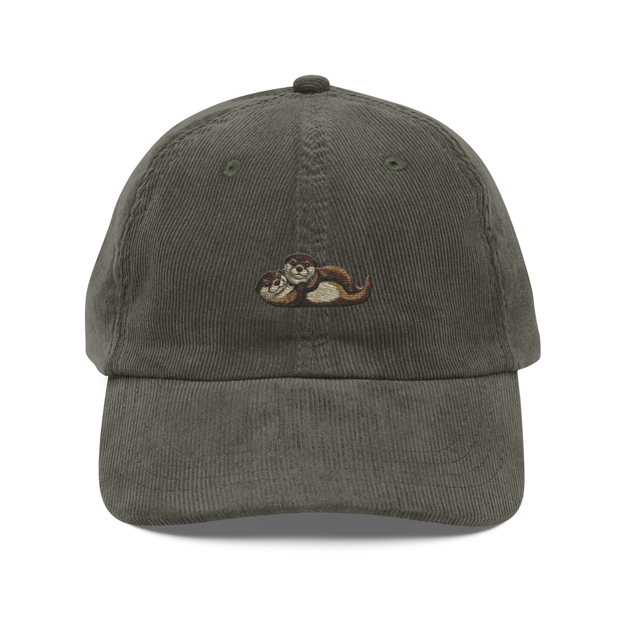 Olive green embroidered wildlife corduroy baseball cap with chipmunk