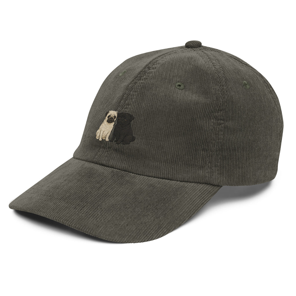 Olive green pug embroidered corduroy baseball cap with dogs