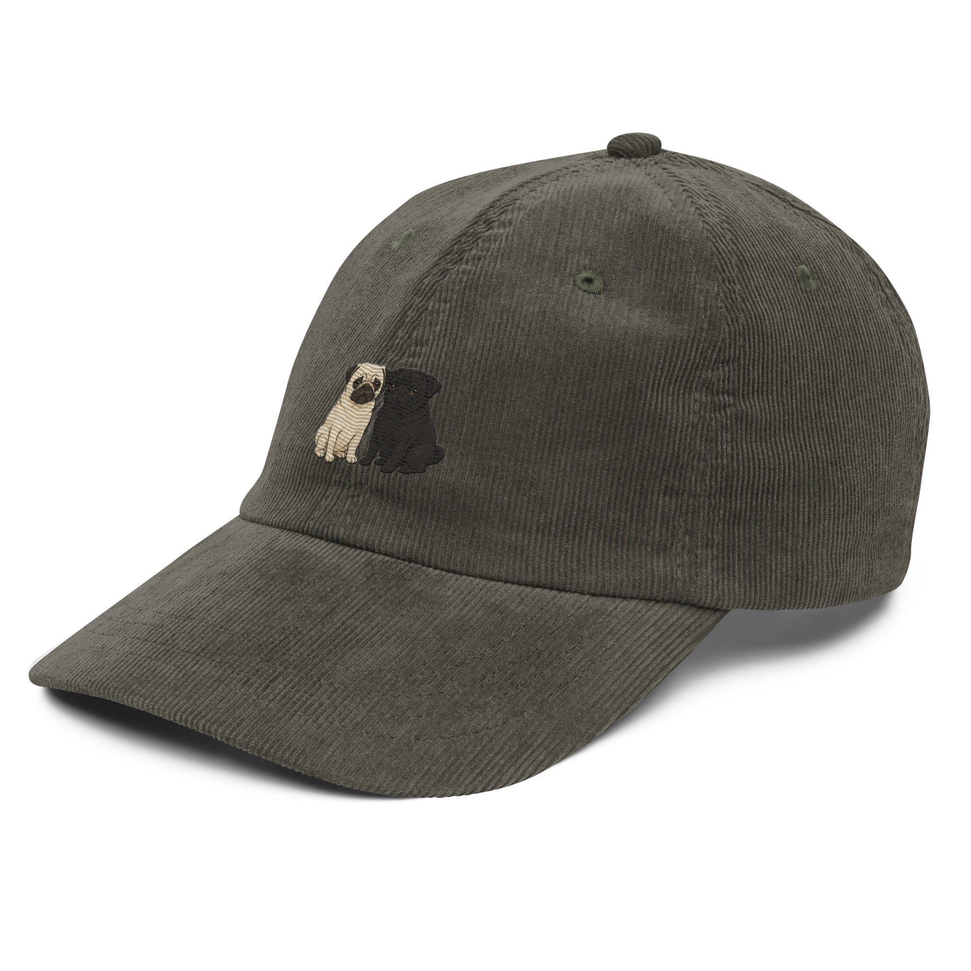 Olive green pug embroidered corduroy baseball cap with dogs