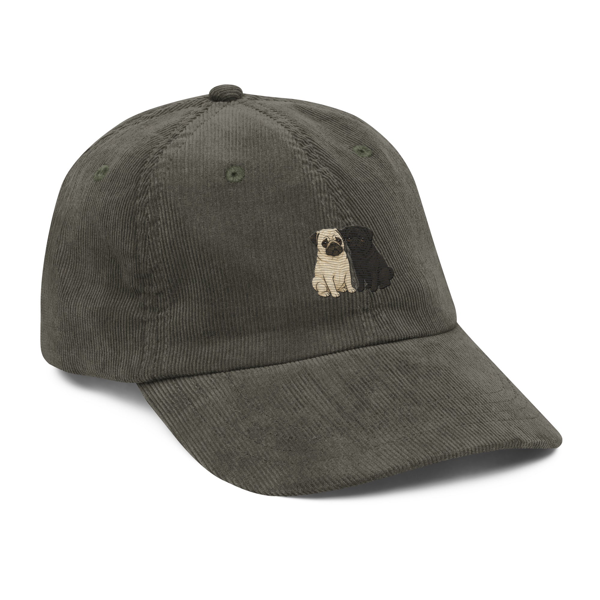Olive green pug embroidered corduroy dad hat with black silhouette