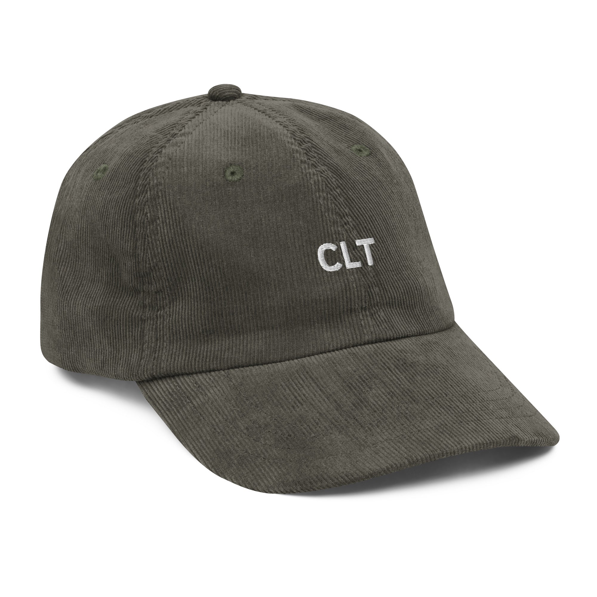 Olive green corduroy baseball cap with Charlotte CLT airport code embroidery