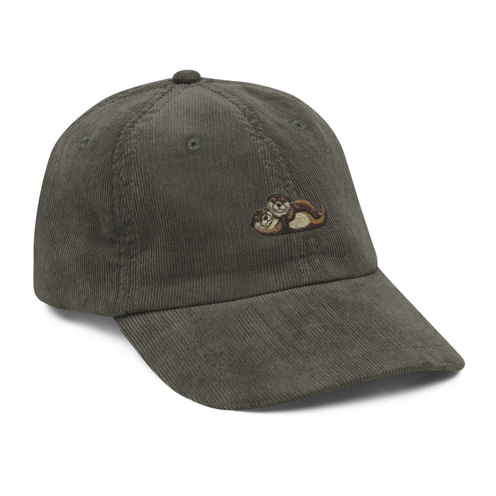 Olive green embroidered wildlife corduroy cap with sloth design