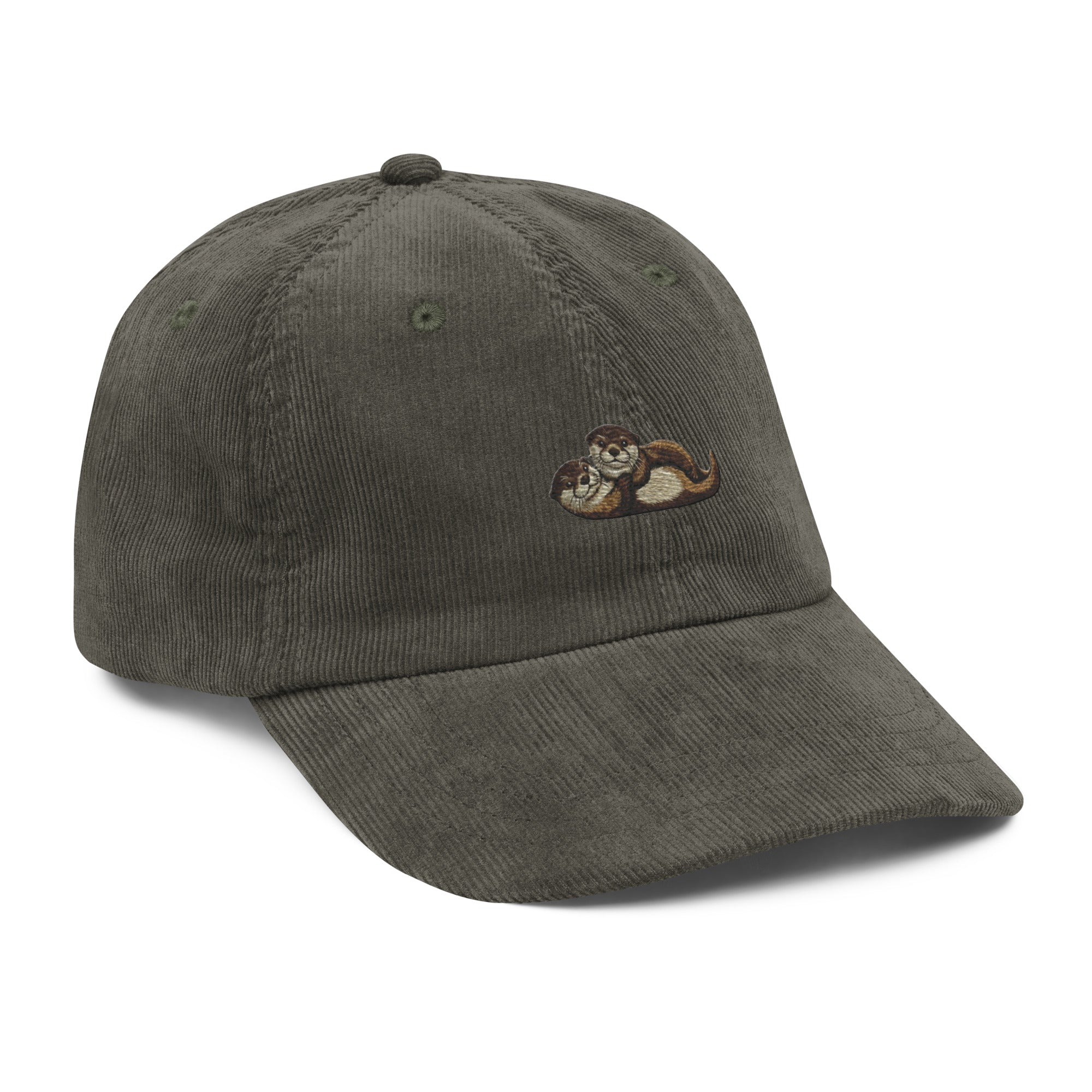 Olive green embroidered wildlife corduroy cap with sloth design