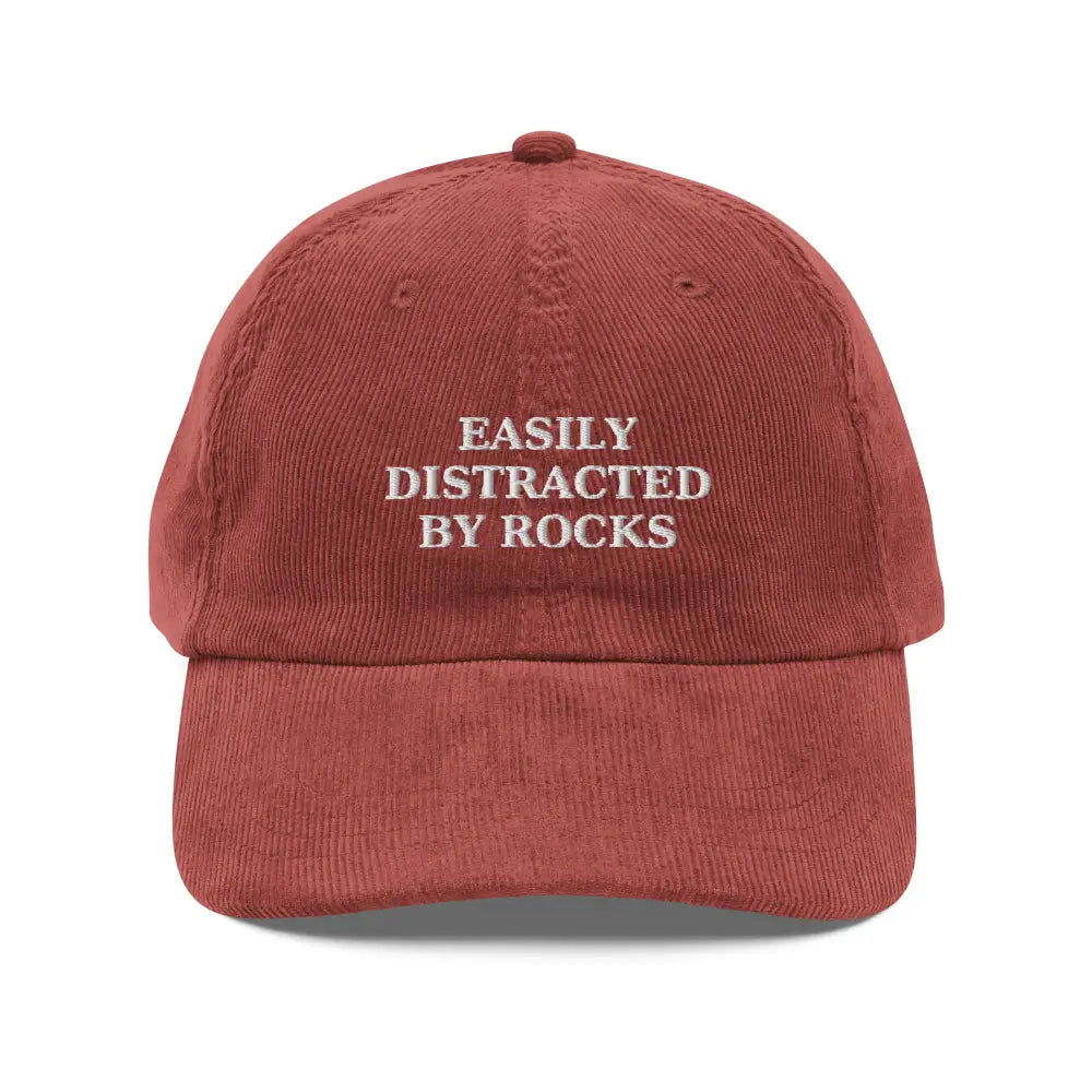 Red vintage corduroy cap with embroidered Easily Distracted text