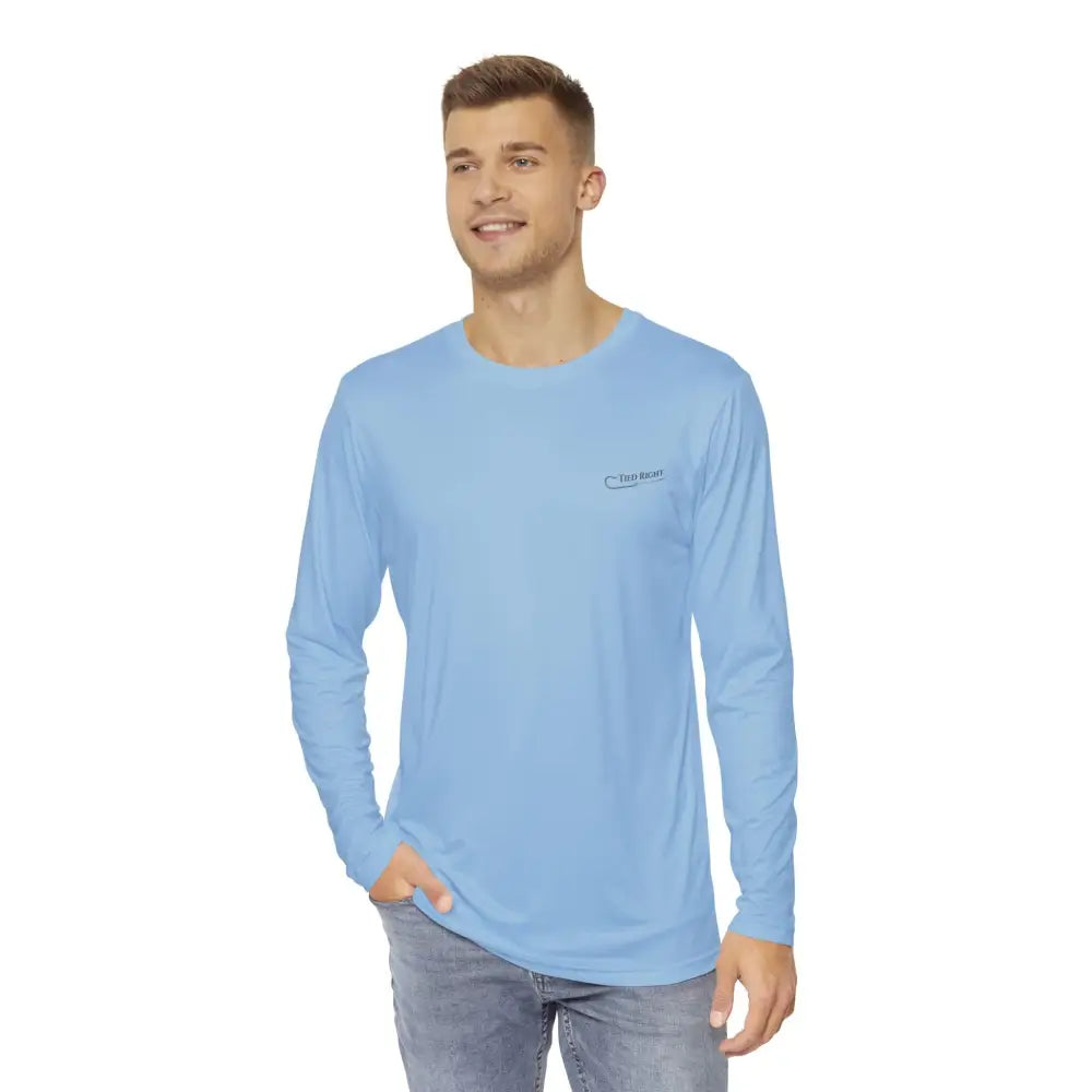 Men’s light blue Tied Right performance fishing shirt with fly fishing knots