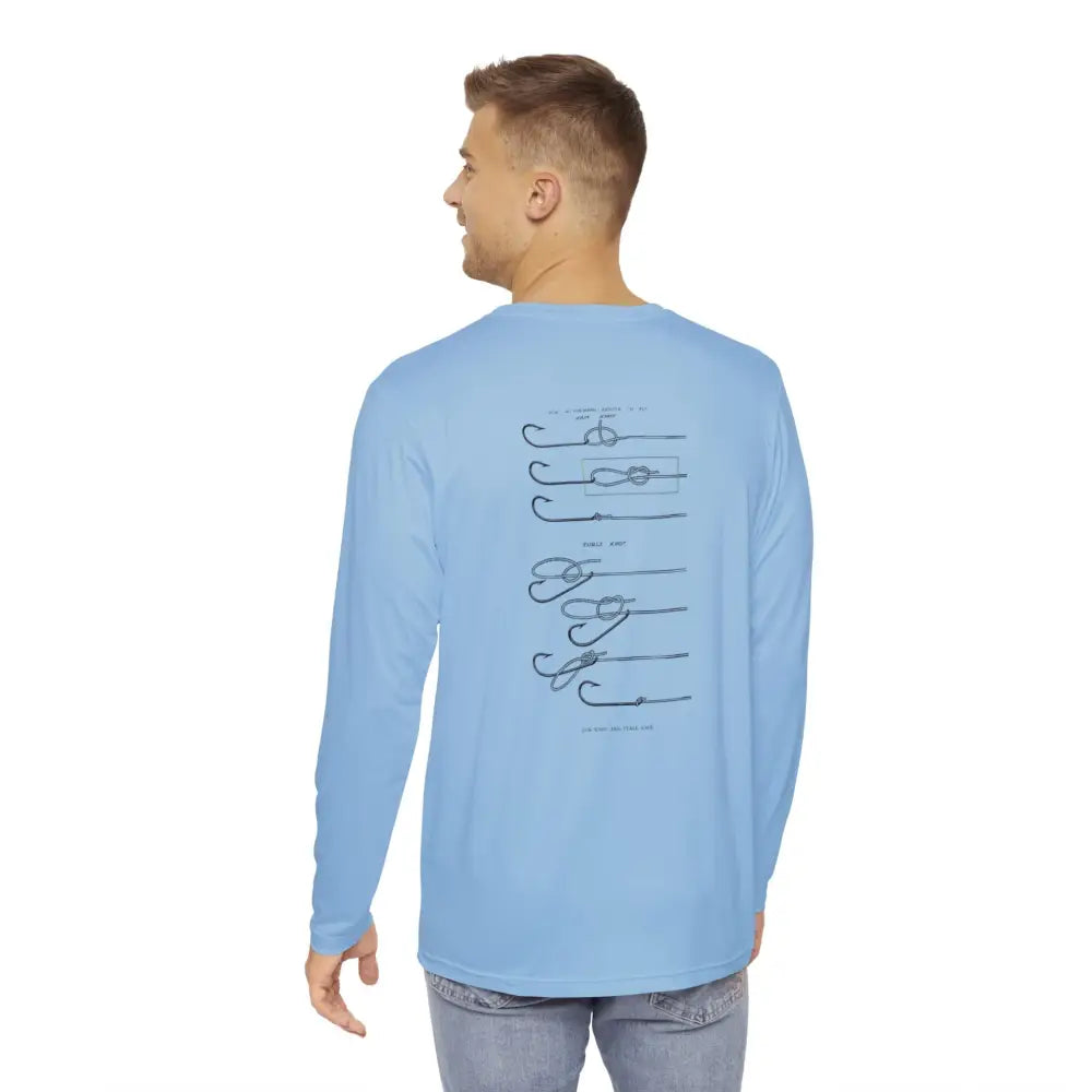Light blue Tied Right performance fishing shirt with fly fishing knots diagram