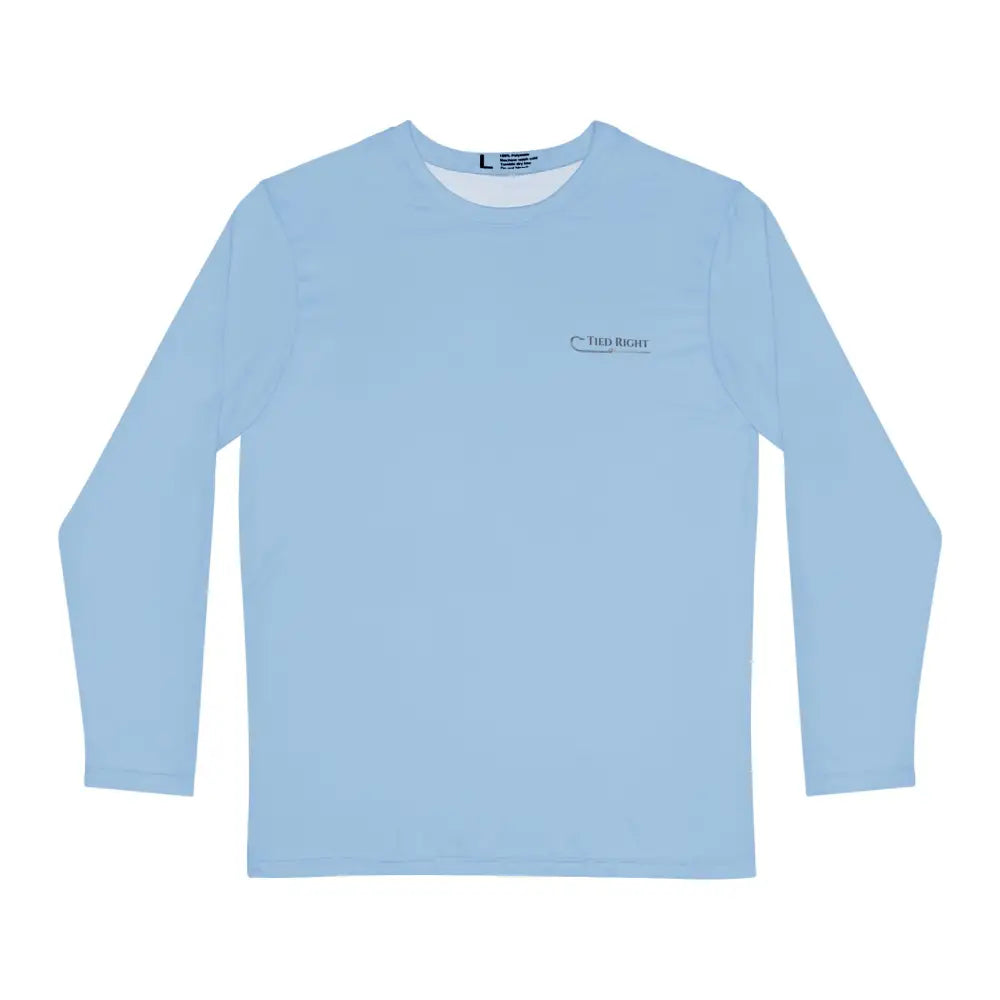 Light blue Tied Right performance fishing shirt with fly fishing knots